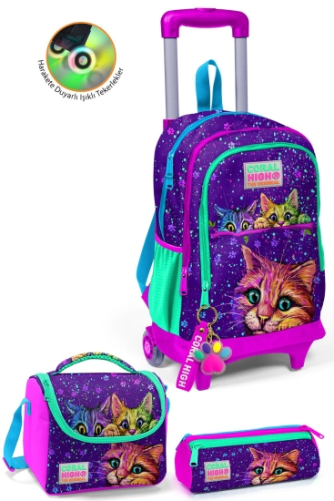 Coral High Kids Mor Pembe Kedi Desenli Çekçekli 3'lü Çanta Seti SET0123932 - Coral High KIDS