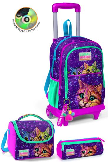 Coral High Kids Mor Pembe Kedi Desenli Çekçekli 3'lü Çanta Seti SET0123932 