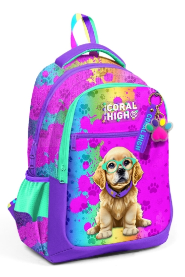 Coral High Kids Mor Pembe Köpek Desenli Üç Bölmeli Okul Sırt Çantası 23649 - 1