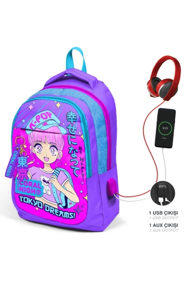 Coral High Kids Mor Pembe Mavi Simli K-Pop Desenli Üç Bölmeli USB'li Okul Sırt Çantası 24316 