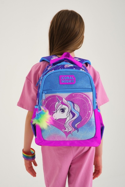 Coral High Kids Mor Pembe Unicorn Desenli Simli Üç Bölmeli Okul Sırt Çantası 23492 - 2