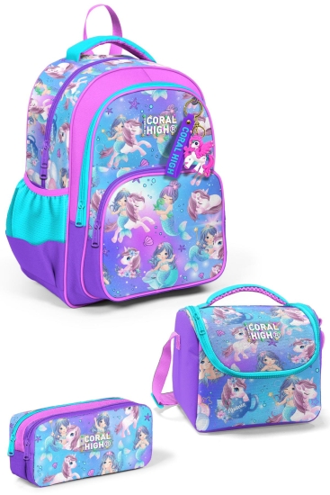 Coral High Kids Mor Pembe Unicorn Deniz Kızı Desenli 3'lü Okul Çanta Seti SET0123657 - 1