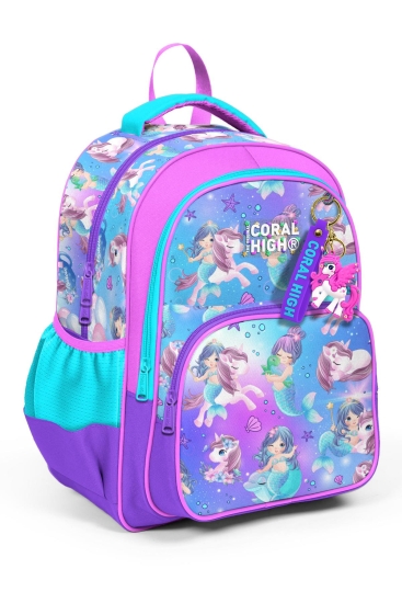 Coral High Kids Mor Pembe Unicorn Deniz Kızı Desenli Üç Bölmeli Okul Sırt Çantası 23657 - Coral High KIDS