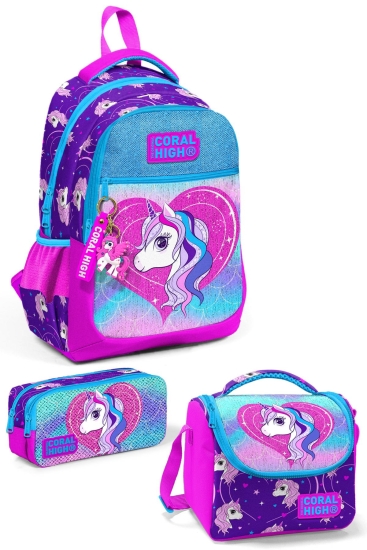 Coral High Kids Mor Pembe Unicorn Desenli 3’lü Okul Çanta Seti SET0123492 - Coral High KIDS