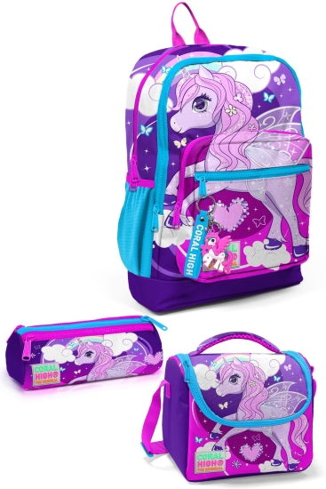 Coral High Kids Mor Pembe Unicorn Desenli 3’lü Okul Çanta Seti SET0123708 - Coral High KIDS