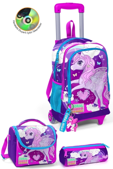 Coral High Kids Mor Pembe Unicorn Desenli Çekçekli 3'lü Çanta Seti SET0123908 - Coral High KIDS