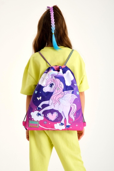 Coral High Kids Mor Pembe Unicorn Desenli İpli Büzgülü Sırt Çantası 22464 - 2