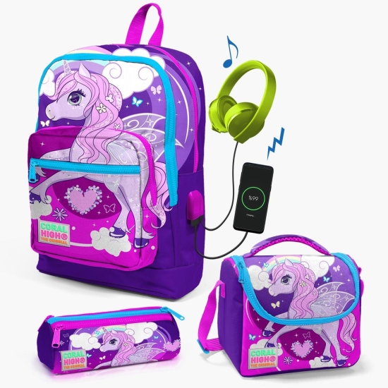 Coral High Kids Mor Pembe Unicorn Desenli USB'li 3’lü Okul Çanta Seti SET0123808 - Coral High KIDS