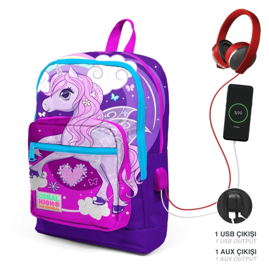 Coral High Kids Mor Pembe Unicorn Desenli USB'li 3’lü Okul Çanta Seti SET0123808 - 2