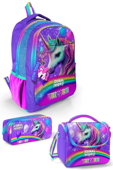 Coral High Kids Mor Simli Unicorn Desenli 3’lü Okul Çanta Seti SET0123663 - Coral High