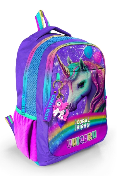 Coral High Kids Mor Simli Unicorn Desenli Üç Bölmeli Okul Sırt Çantası 23663 - 1