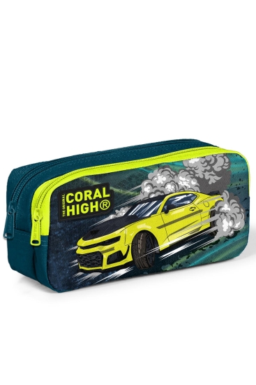 Coral High Kids Nefti Fosforlu Sarı Araba Desenli İki Bölmeli Kalem Çantası 12067 - Coral High KIDS