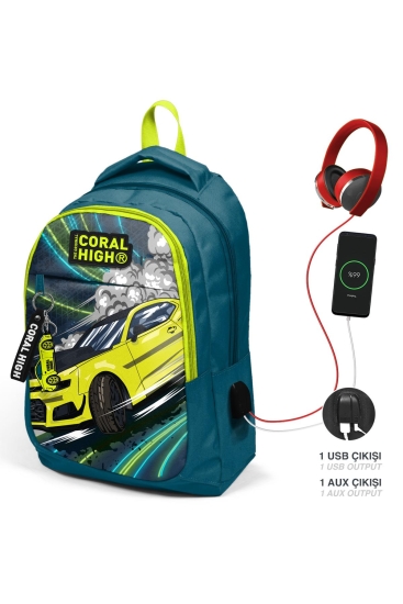 Coral High Kids Nefti Fosforlu Sarı Araba Desenli Üç Bölmeli USB'li Okul Sırt Çantası 24319 