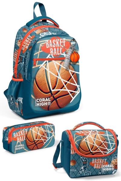 Coral High Kids Nefti Turuncu Basketbol Desenli 3’lü Okul Çanta Seti SET0123651 - 1