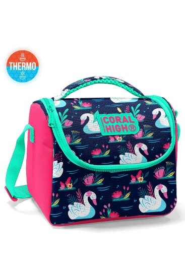 Coral High Kids Neon Mercan Lacivert Kuğu Desenli Thermo Beslenme Çantası 11819 