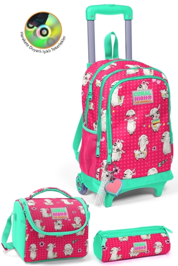 Coral High Kids Neon Mercan Su Yeşili Alpaka Desenli Çekçekli 3'lü Çanta Seti SET0123364 - Coral High KIDS