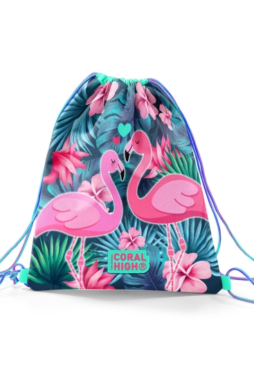 Coral High Kids Neon Mercan Su Yeşili Flamingo Desenli İpli Büzgülü Sırt Çantası 22484 - 2