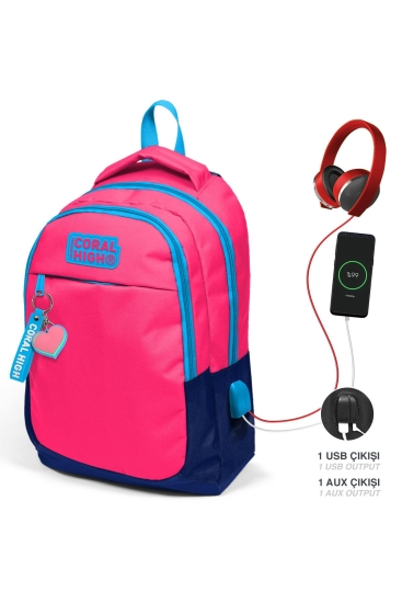 Coral High Kids Neon Mercan Lacivert Üç Bölmeli USB'li Okul Sırt Çantası 24306 