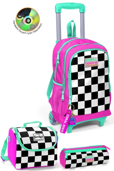 Coral High Kids Neon Pembe Dama Desenli Çekçekli 3'lü Çanta Seti SET0123901 - Coral High