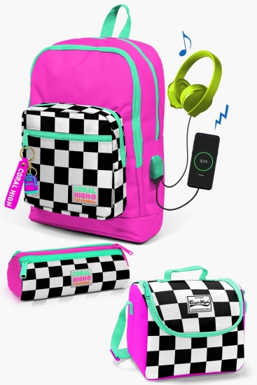 Coral High Kids Neon Pembe Dama Desenli USB'li 3’lü Okul Çanta Seti SET0123801 - Coral High