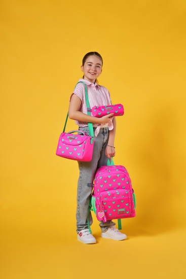 Coral High Kids Neon Pembe Su Yeşili Kalp Desenli 3’lü Okul Çanta Seti SET0123113 - 2