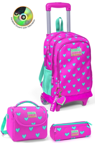 Coral High Kids Neon Pembe Su Yeşili Kalp Desenli Çekçekli 3'lü Çanta Seti SET0123133 - Coral High KIDS