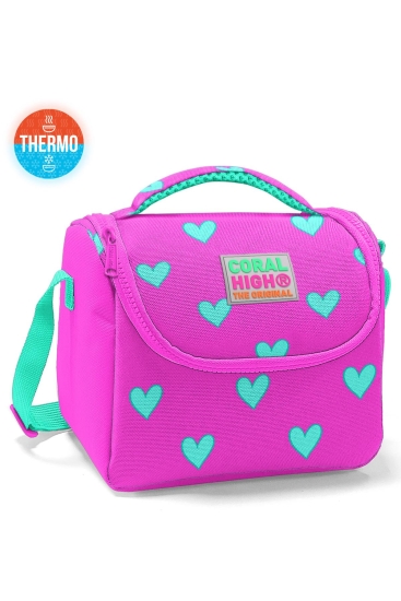 Coral High Kids Neon Pembe Su Yeşili Kalp Desenli Thermo Beslenme Çantası 11806 - 1