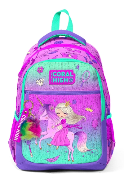 Coral High Kids Açık Pembe Mor Unicornlu Prenses Desenli Üç Bölmeli Okul Sırt Çantası 23481 - 7