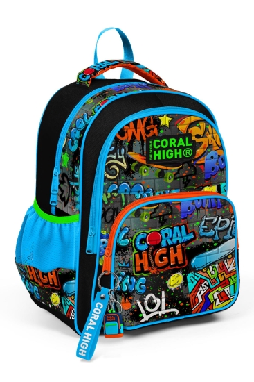Coral High Kids Siyah Mavi Grafiti Desenli Üç Bölmeli Okul Sırt Çantası 14415 - Coral High KIDS
