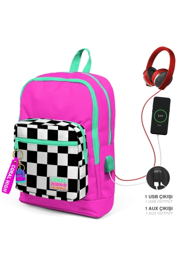 Coral High Kids Neon Pembe Dama Desenli Dört Bölmeli USB'li Okul Sırt Çantası 23801 - Coral High KIDS