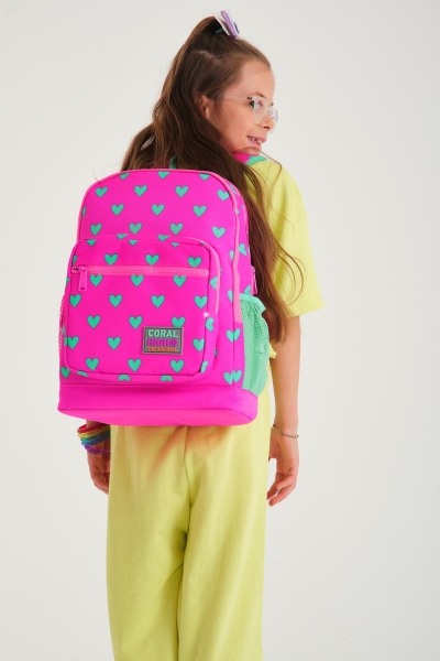 Coral High Kids Neon Pembe Su Yeşili Kalp Desenli Dört Bölmeli Okul Sırt Çantası 23113 - 3