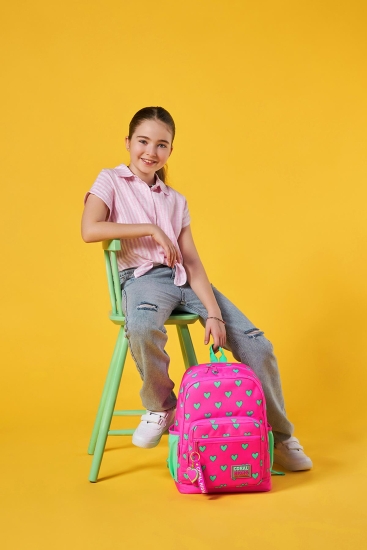 Coral High Kids Neon Pembe Su Yeşili Kalp Desenli Dört Bölmeli Okul Sırt Çantası 23113 - 9