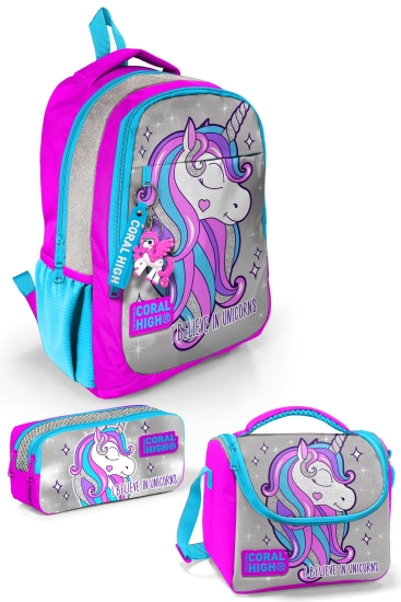 Coral High Kids Pembe Gümüş Simli Unicorn Desenli 3’lü Okul Çanta Seti SET0114383 - Coral High KIDS