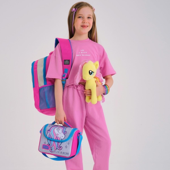 Coral High Kids Pembe Gümüş Simli Unicorn Desenli 3’lü Okul Çanta Seti SET0114383 - 2