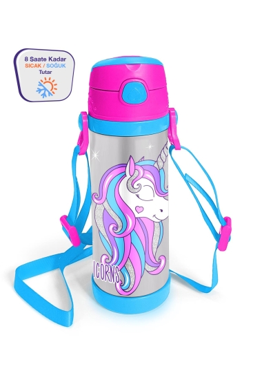 Coral High Kids Pembe Gümüş Unicorn Desenli Pipetli Çelik Termos 500 ml 11932 - Coral High KIDS