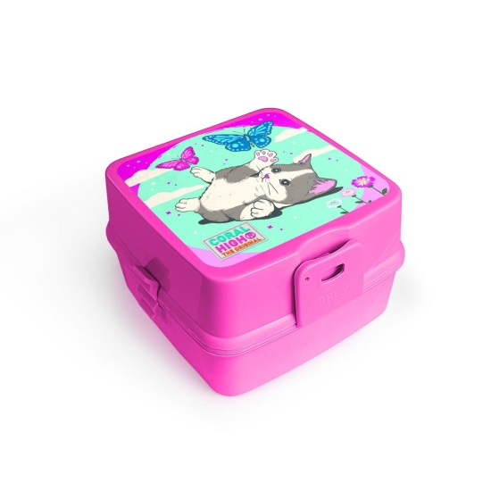 Coral High Kids Pembe Kedi Desenli Dört Bölmeli Çatal ve Kaşıklı Beslenme Kabı 32964 