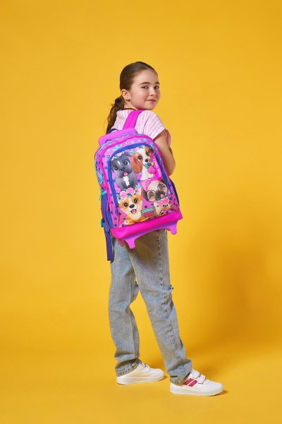 Coral High Kids Pembe Köpek Desenli Üç Bölmeli Çekçekli Okul Sırt Çantası 23950 - 2