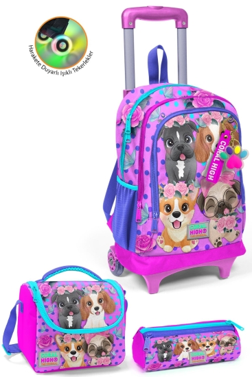 Coral High Kids Pembe Köpek Desenli Üç Bölmeli Çekçekli3'lü Çanta Seti SET0123950 