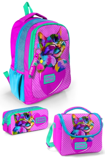 Coral High Kids Pembe Mavi Simli Kedi Desenli 3’lü Okul Çanta Seti SET014387 