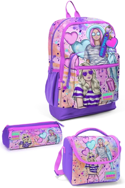 Coral High Kids Pembe Mor Fashion Girl Desenli 3’lü Okul Çanta Seti SET0123755 - 1