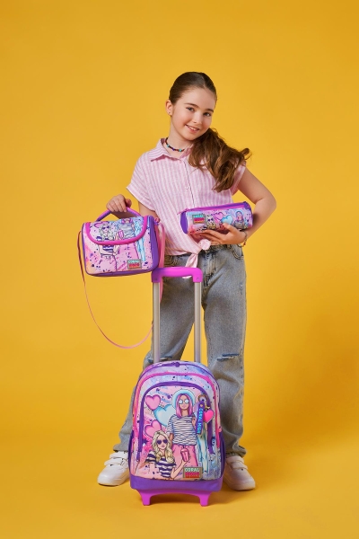 Coral High Kids Pembe Mor Fashion Girl Desenli Üç Bölmeli Çekçekli 3'lü Çanta Seti SET0123955 - 2