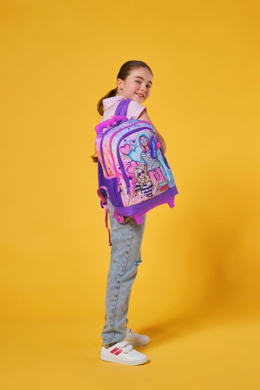 Coral High Kids Pembe Mor Fashion Girl Desenli Üç Bölmeli Çekçekli Okul Sırt Çantası 23955 - 2