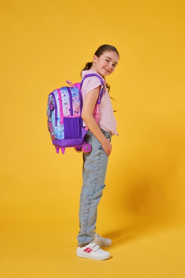 Coral High Kids Pembe Mor Fashion Girl Desenli Üç Bölmeli Çekçekli Okul Sırt Çantası 23955 - 9