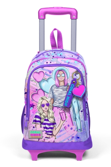 Coral High Kids Pembe Mor Fashion Girl Desenli Üç Bölmeli Çekçekli Okul Sırt Çantası 23955 - 12