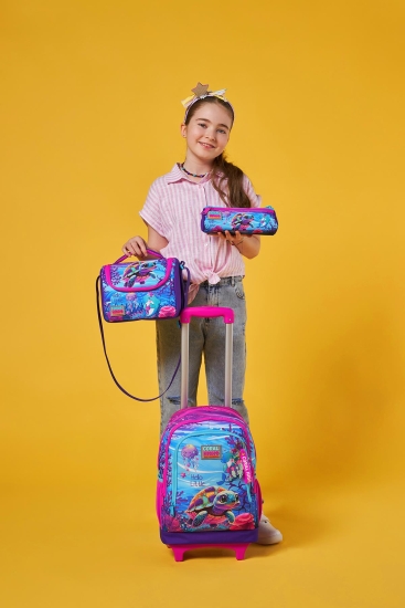 Coral High Kids Pembe Mor Kaplumbağa Desenli Üç Bölmeli Çekçekli 3'lü Çanta Seti SET0123956 - 2