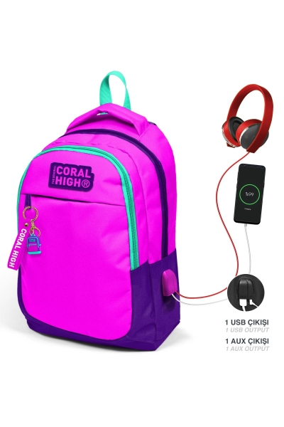 Coral High Kids Pembe Mor Üç Bölmeli USB'li Okul Sırt Çantası 24314 - 1