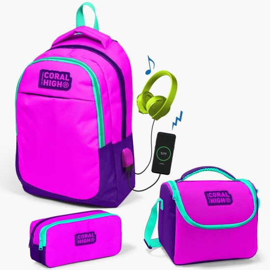 Coral High Kids Pembe Mor Usb'li 3’lü Okul Çanta Seti SET0124314 - Coral High KIDS