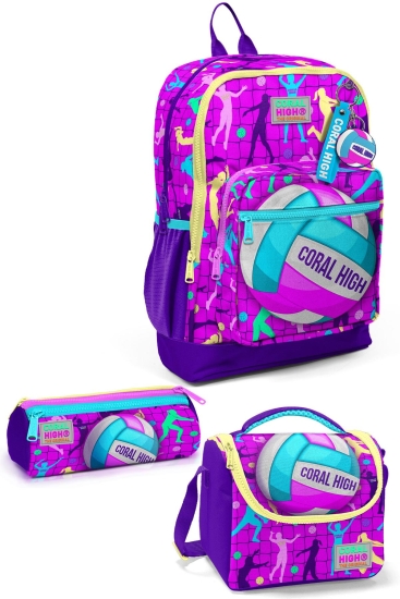 Coral High Kids Pembe Mor Voleybol Desenli 3’lü Okul Çanta Seti SET0123761 