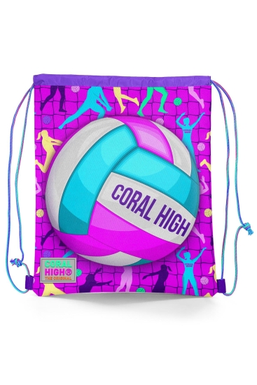 Coral High Kids Pembe Mor Voleybol Desenli İpli Büzgülü Sırt Çantası 12649 