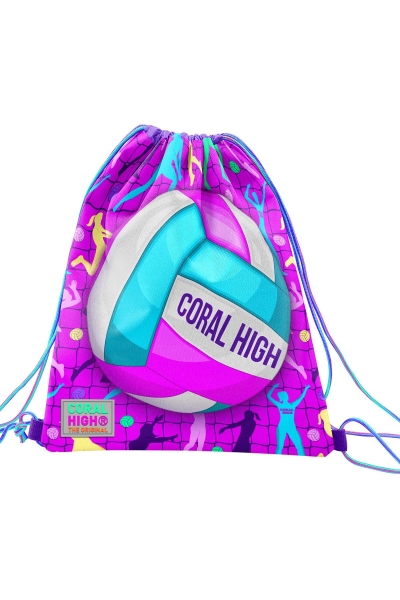 Coral High Kids Pembe Mor Voleybol Desenli İpli Büzgülü Sırt Çantası 12649 - 3